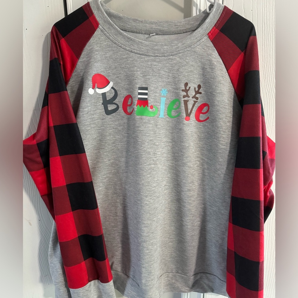 Gray and Red Plaid Sleeve Believe Sweatshirt